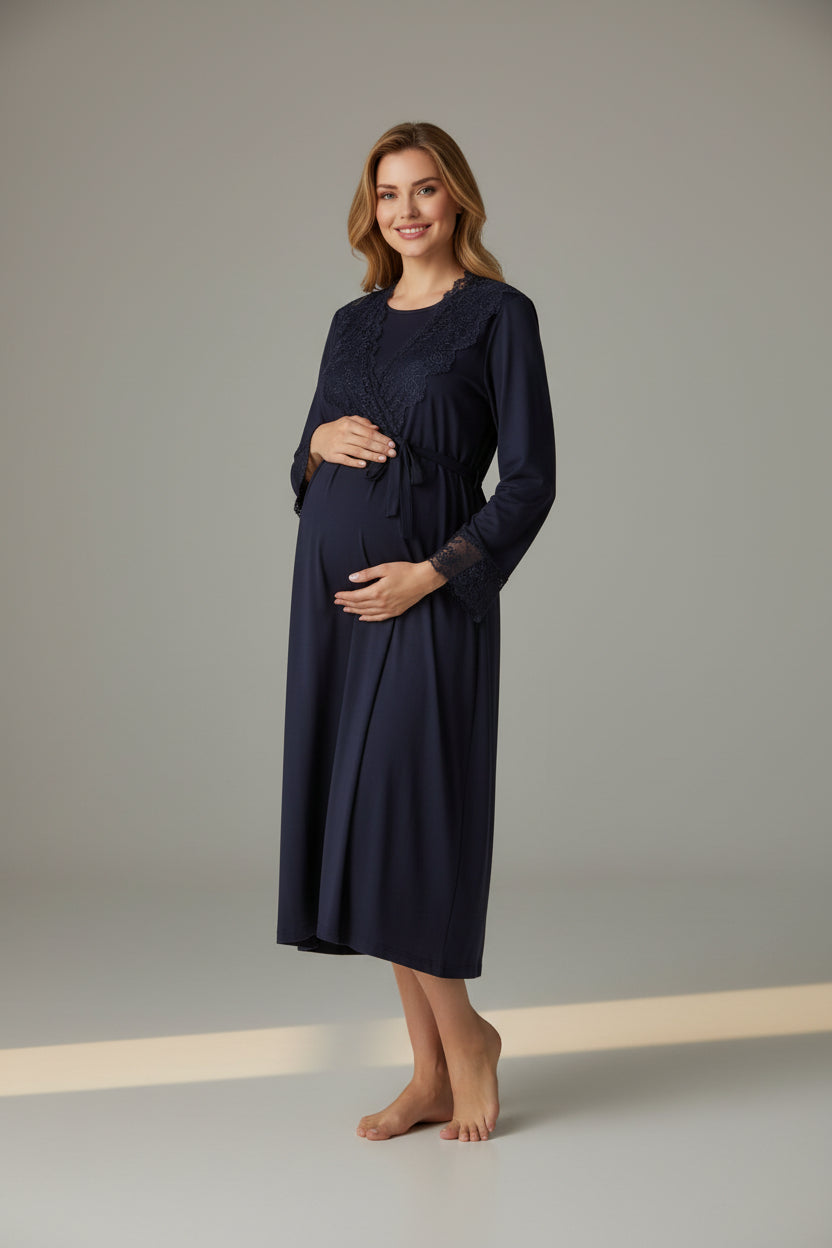Navy nightie & robe set by Mini Plum – long-sleeve nursing nightwear with wrap, breastfeeding-friendly, hospital bag ready