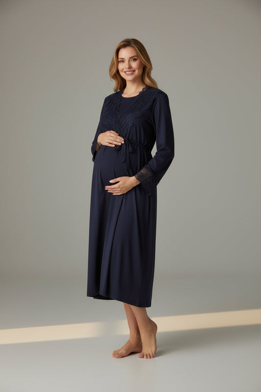Navy nightie & robe set by Mini Plum – long-sleeve nursing nightwear with wrap, breastfeeding-friendly, hospital bag ready