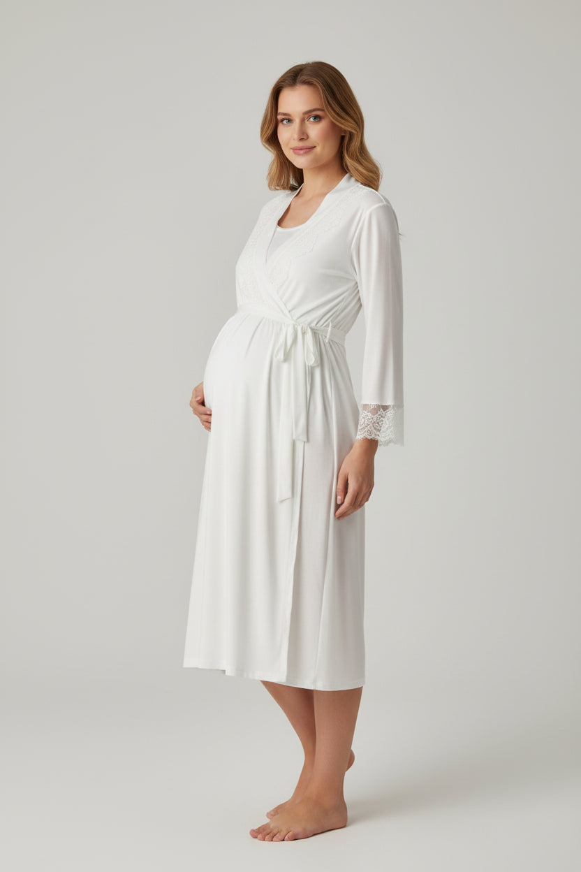 White nightie & robe set by Mini Plum – long-sleeve nursing nightwear with wrap, breastfeeding-friendly, hospital bag ready