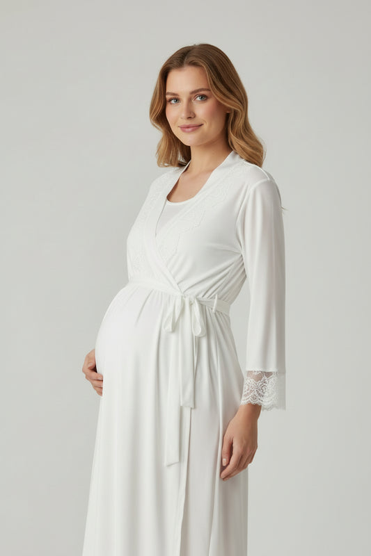 White nightie & robe set by Mini Plum – lace detail and wrap, maternity & nursing