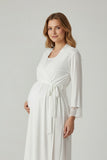 White maternity robe by Mini Plum – lace neckline & button-front nursing detail, cotton modal