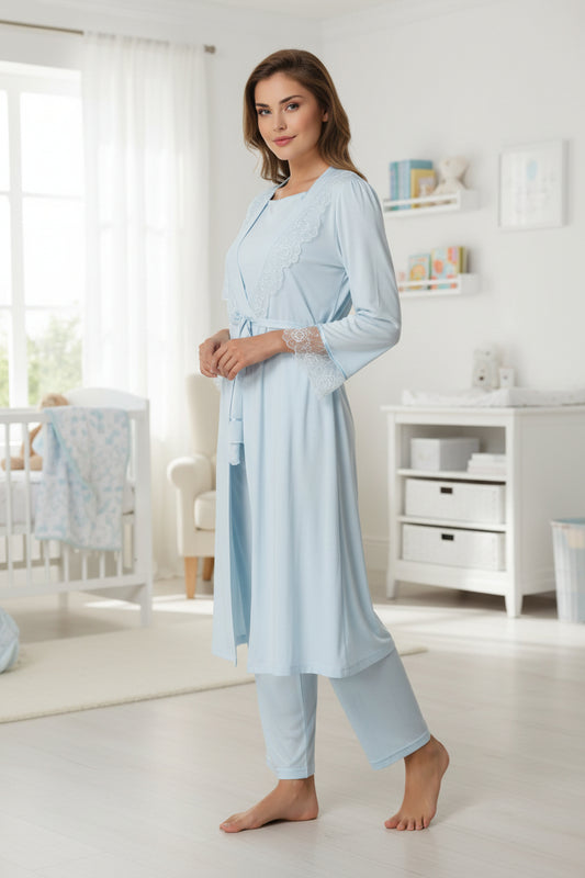 Blue pyjama & robe set by Mini Plum – long-sleeve nursing nightwear with square neck, breastfeeding-friendly, hospital bag ready
