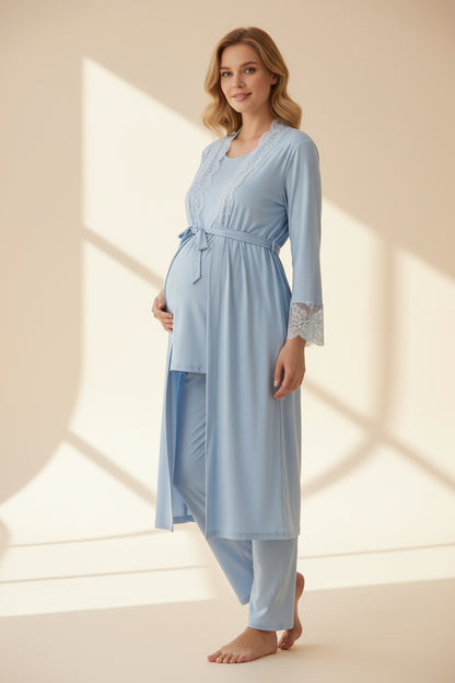Blue pyjama & robe set by Mini Plum – lace detail and square neck, maternity & nursing