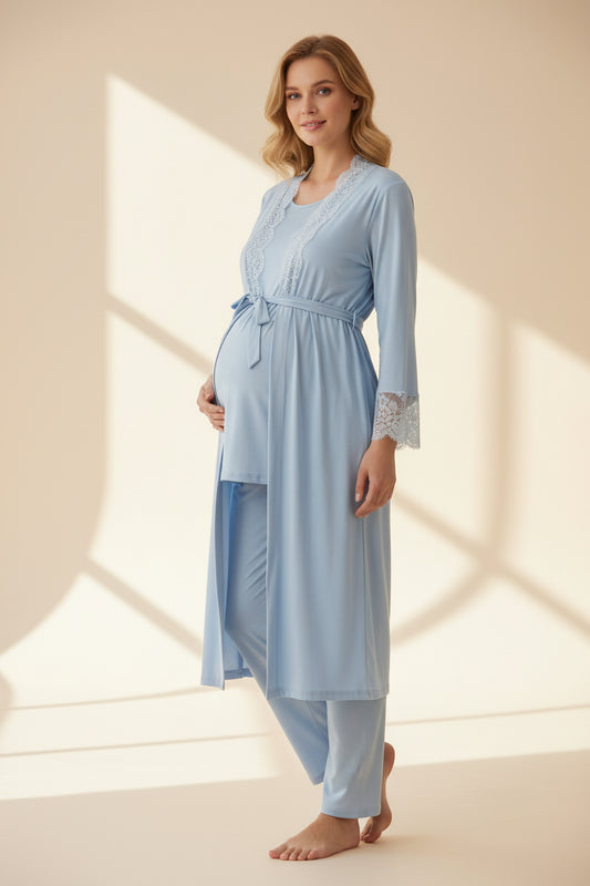 Blue pyjama & robe set by Mini Plum – lace detail and square neck, maternity & nursing
