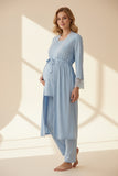 Blue maternity pyjama & robe set by Mini Plum – lace neckline & button-front nursing detail, cotton modal