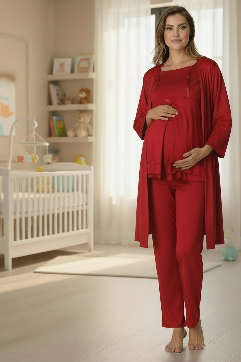 Cherry Red pyjama & robe set by Mini Plum – long-sleeve nursing nightwear with square neck, breastfeeding-friendly, hospital bag ready