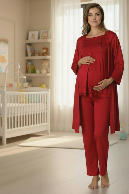 Cherry Red pyjama & robe set by Mini Plum – long-sleeve nursing nightwear with square neck, breastfeeding-friendly, hospital bag ready