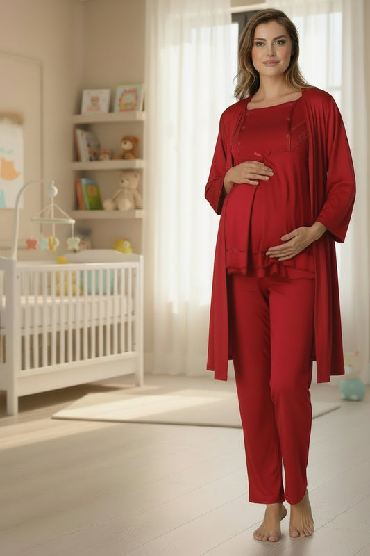 Cherry Red pyjama & robe set by Mini Plum – long-sleeve nursing nightwear with square neck, breastfeeding-friendly, hospital bag ready