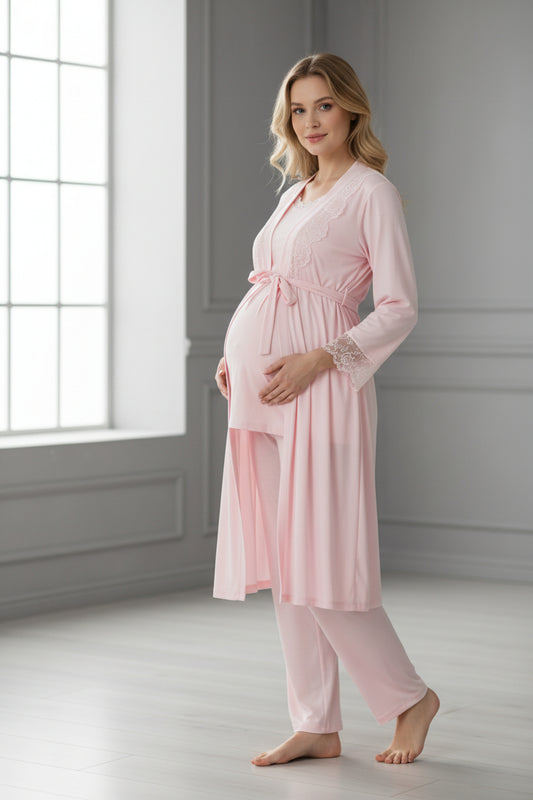 Pink pyjama & robe set by Mini Plum – long-sleeve nursing nightwear with square neck, breastfeeding-friendly, hospital bag ready