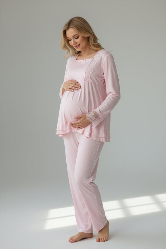 Pink pyjama & robe set by Mini Plum – lace detail and square neck, maternity & nursing
