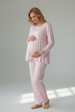 Pink maternity pyjama & robe set by Mini Plum – lace neckline & button-front nursing detail, cotton modal