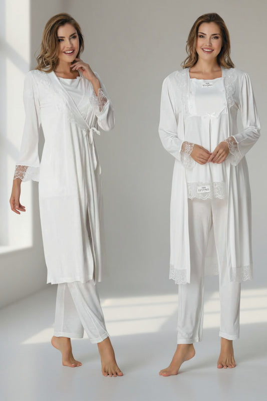 White pyjama & robe set by Mini Plum – long-sleeve nursing nightwear with square neck, breastfeeding-friendly, hospital bag ready
