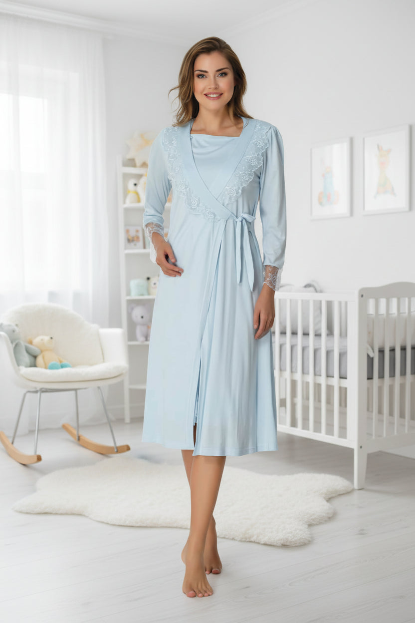 Blue nightie & robe set by Mini Plum – long-sleeve nursing nightwear with square neck, breastfeeding-friendly, hospital bag ready