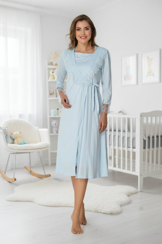 Blue nightie & robe set by Mini Plum – long-sleeve nursing nightwear with square neck, breastfeeding-friendly, hospital bag ready