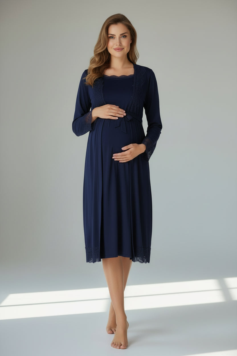 Navy nightie & robe set by Mini Plum – long-sleeve nursing nightwear with square neck, breastfeeding-friendly, hospital bag ready