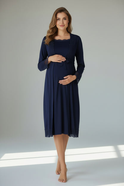 Navy nightie & robe set by Mini Plum – long-sleeve nursing nightwear with square neck, breastfeeding-friendly, hospital bag ready