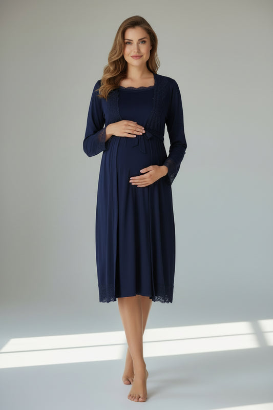 Navy nightie & robe set by Mini Plum – long-sleeve nursing nightwear with square neck, breastfeeding-friendly, hospital bag ready