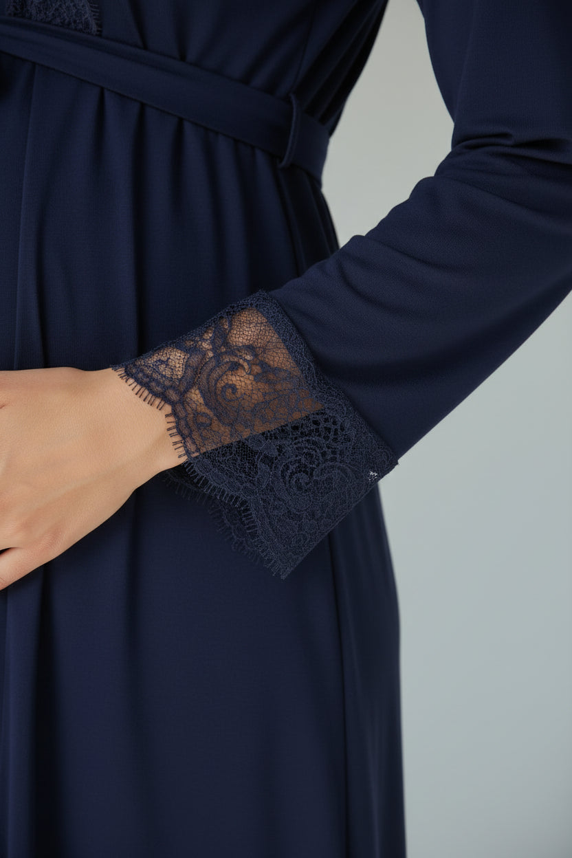 Navy nightie & robe set by Mini Plum – long-sleeve bump-friendly fit, side view