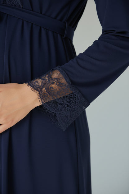 Navy nightie & robe set by Mini Plum – long-sleeve bump-friendly fit, side view