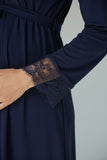 Navy maternity nightie & robe set by Mini Plum – side view, bump-friendly fit for pregnancy & postpartum