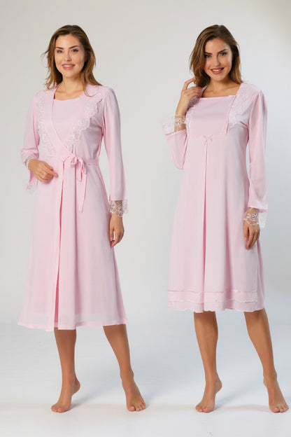 Pink nightie & robe set by Mini Plum – long-sleeve nursing nightwear with square neck, breastfeeding-friendly, hospital bag ready