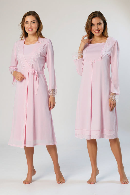 Pink nightie & robe set by Mini Plum – long-sleeve nursing nightwear with square neck, breastfeeding-friendly, hospital bag ready