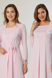 Pink maternity nightie & robe set by Mini Plum – lace neckline & button-front nursing detail, cotton modal