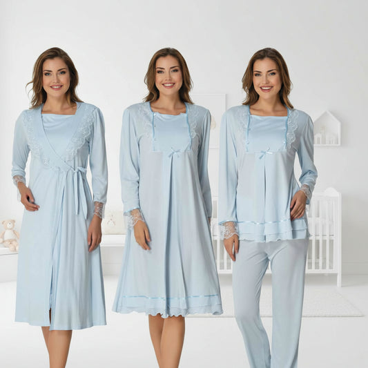 Blue 4-piece maternity set by Mini Plum – long-sleeve nursing nightwear with square neck, breastfeeding-friendly, hospital bag ready