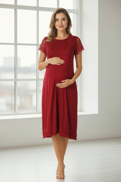 Cherry Red maternity nightdress by Mini Plum – short-sleeve nursing nightwear with square neck, breastfeeding-friendly, hospital bag ready