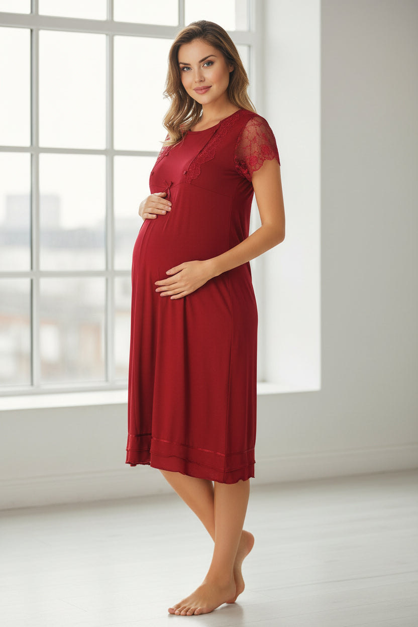 Cherry Red maternity nightdress by Mini Plum – lace detail and square neck, maternity & nursing