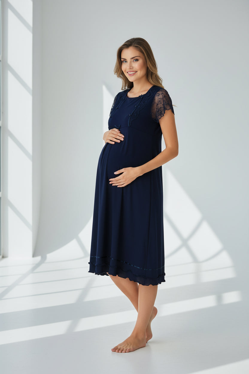 Navy maternity nightdress by Mini Plum – short-sleeve nursing nightwear with square neck, breastfeeding-friendly, hospital bag ready