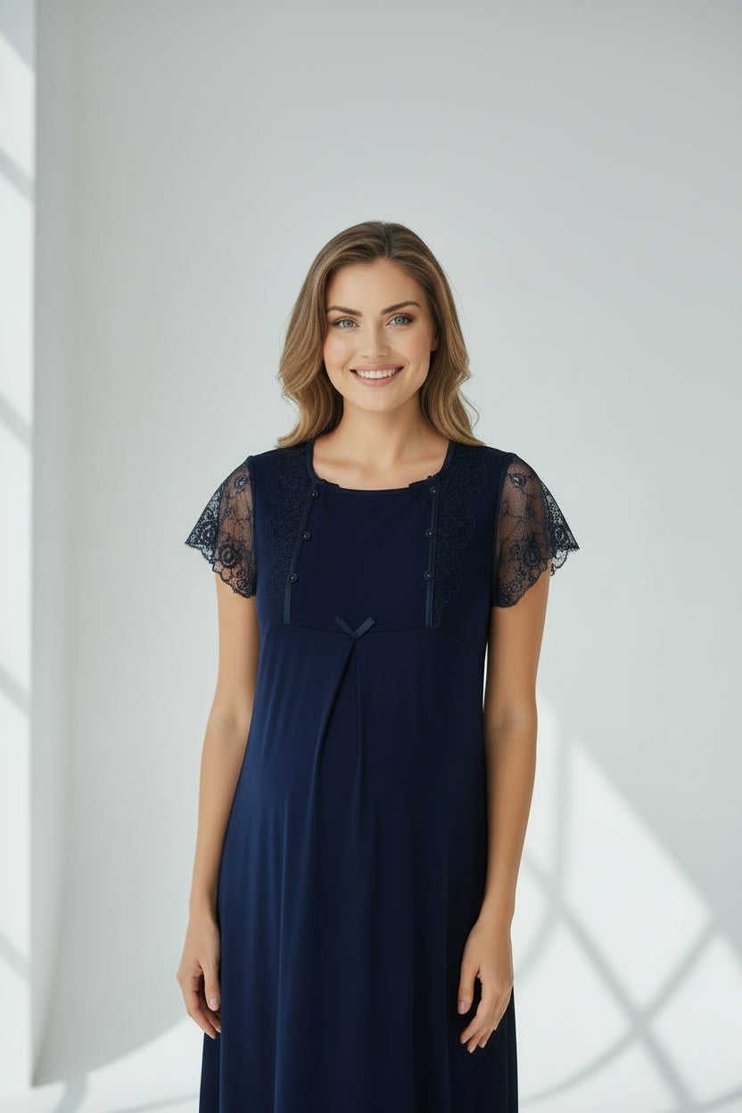 Navy maternity nightdress by Mini Plum – lace detail and square neck, maternity & nursing