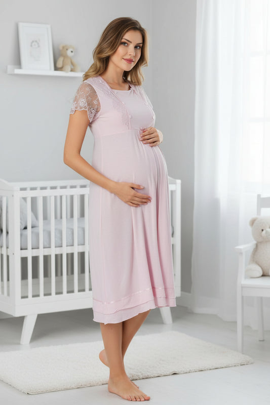 Pink maternity nightdress by Mini Plum – short-sleeve nursing nightwear with square neck, breastfeeding-friendly, hospital bag ready