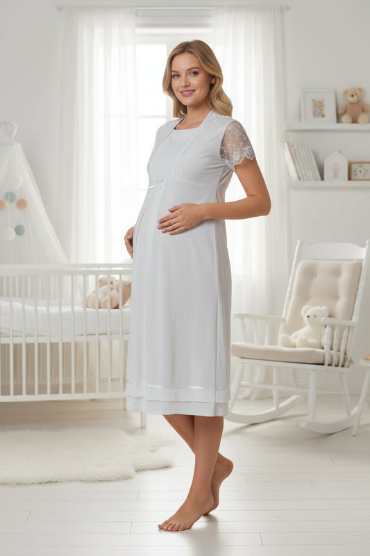 White maternity nightdress by Mini Plum – short-sleeve nursing nightwear with square neck, breastfeeding-friendly, hospital bag ready