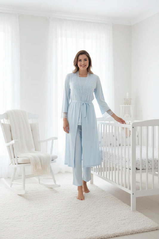 Blue pyjama & robe set by Mini Plum – nursing nightwear with square neck, breastfeeding-friendly, hospital bag ready