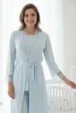 Blue maternity nightie & robe set by Mini Plum – lace neckline & button-front nursing detail, cotton modal