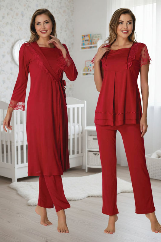 Cherry Red pyjama & robe set by Mini Plum – nursing nightwear with square neck, breastfeeding-friendly, hospital bag ready