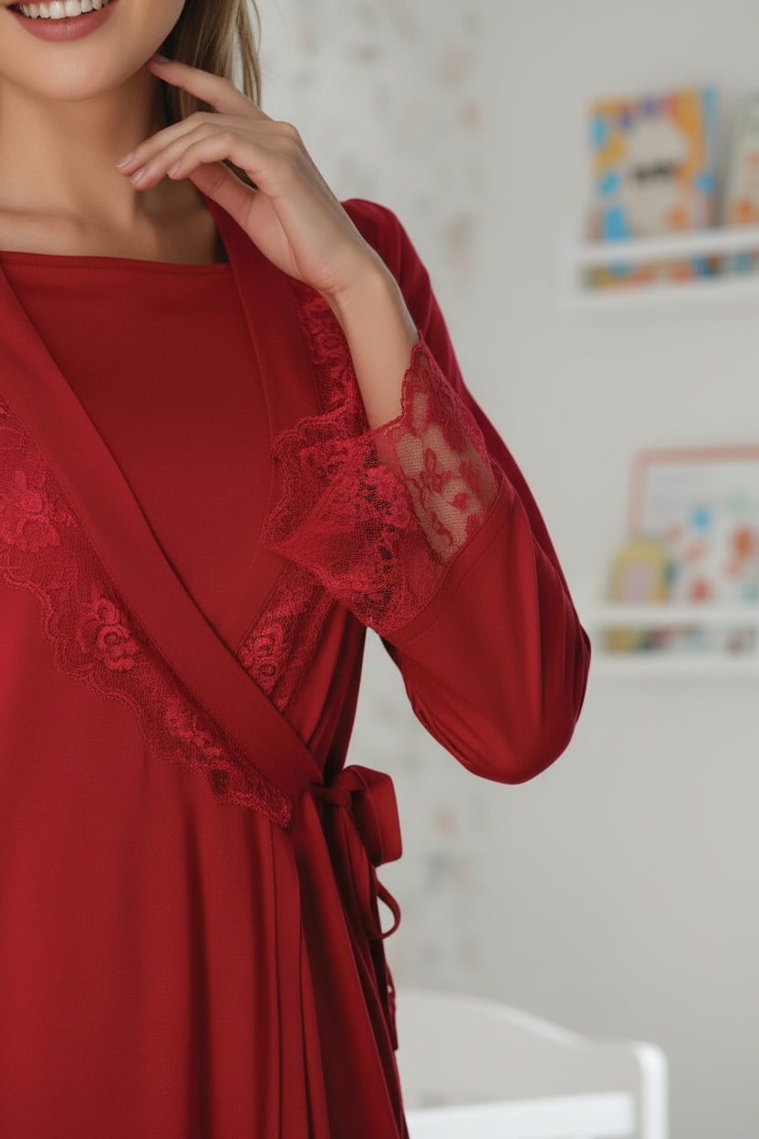 Cherry Red pyjama & robe set by Mini Plum – lace detail and square neck, maternity & nursing