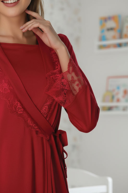 Cherry Red pyjama & robe set by Mini Plum – lace detail and square neck, maternity & nursing