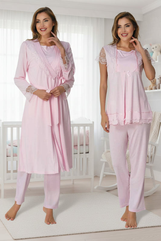 Pink pyjama & robe set by Mini Plum – nursing nightwear with square neck, breastfeeding-friendly, hospital bag ready