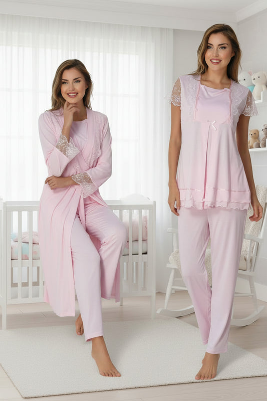 Pink pyjama & robe set by Mini Plum – lace detail and square neck, maternity & nursing
