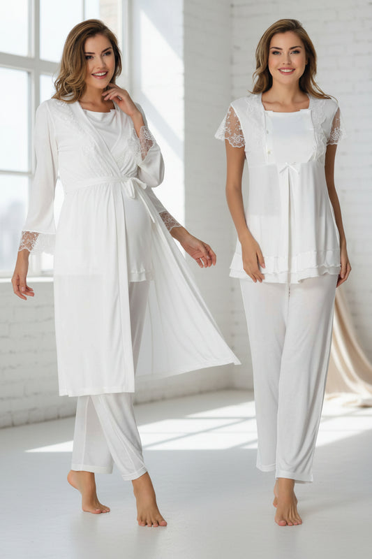 White pyjama & robe set by Mini Plum – nursing nightwear with square neck, breastfeeding-friendly, hospital bag ready
