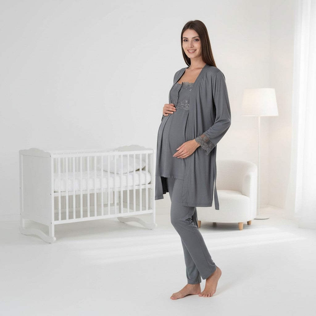 Anthracite maternity pyjamas by Mini Plum – nursing maternity nightwear, breastfeeding button-down, hospital bag & baby shower gift