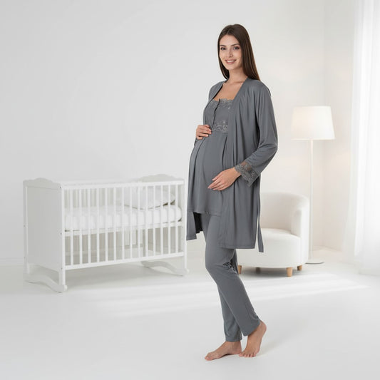 Anthracite maternity pyjamas by Mini Plum, long sleeve button lace – nursing & breastfeeding nightwear, postpartum, hospital bag ready