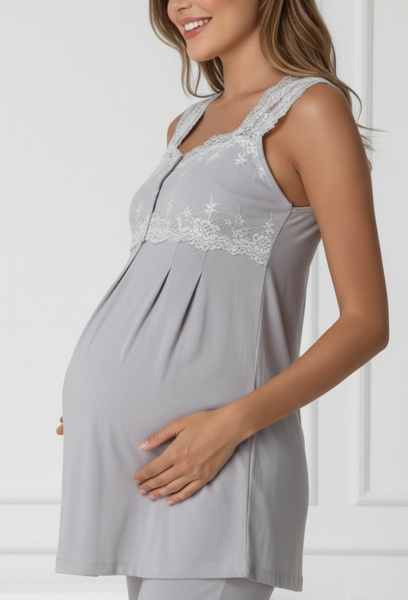 Anthracite maternity pyjamas by Mini Plum, long sleeve button lace – nursing & breastfeeding nightwear, postpartum, hospital bag ready