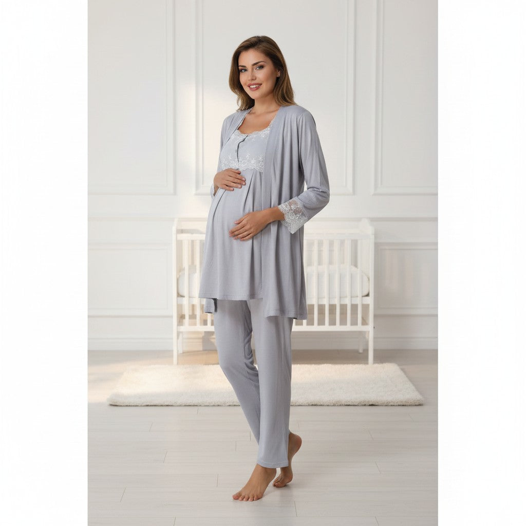Anthracite maternity pyjamas by Mini Plum – nursing maternity nightwear, breastfeeding button-down, hospital bag & baby shower gift