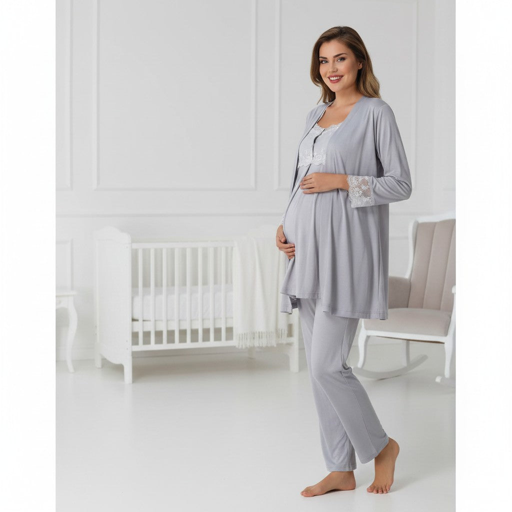 Anthracite maternity pyjamas by Mini Plum, long sleeve button lace – nursing & breastfeeding nightwear, postpartum, hospital bag ready