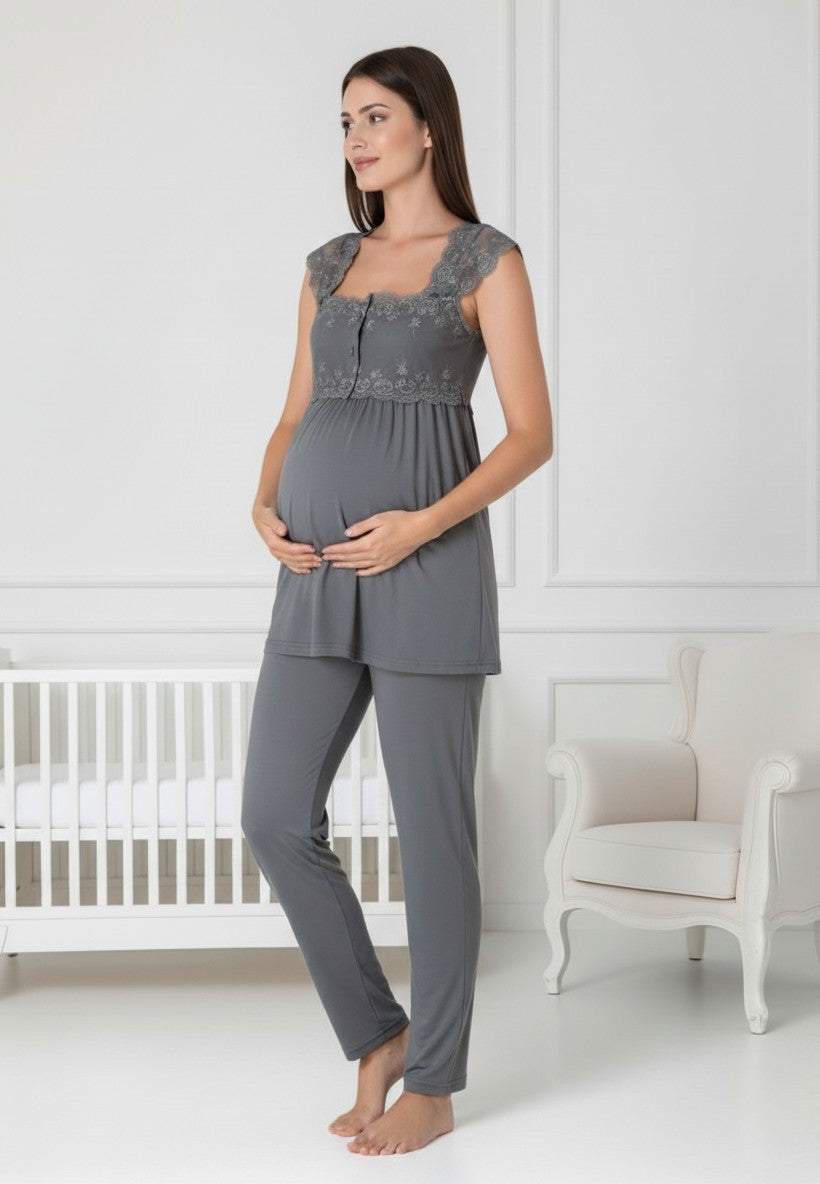 Anthracite maternity pyjamas by Mini Plum, long sleeve button lace – nursing & breastfeeding nightwear, postpartum, hospital bag ready