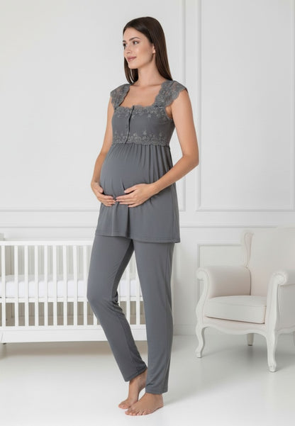 Anthracite maternity pyjamas by Mini Plum, long sleeve button lace – nursing & breastfeeding nightwear, postpartum, hospital bag ready