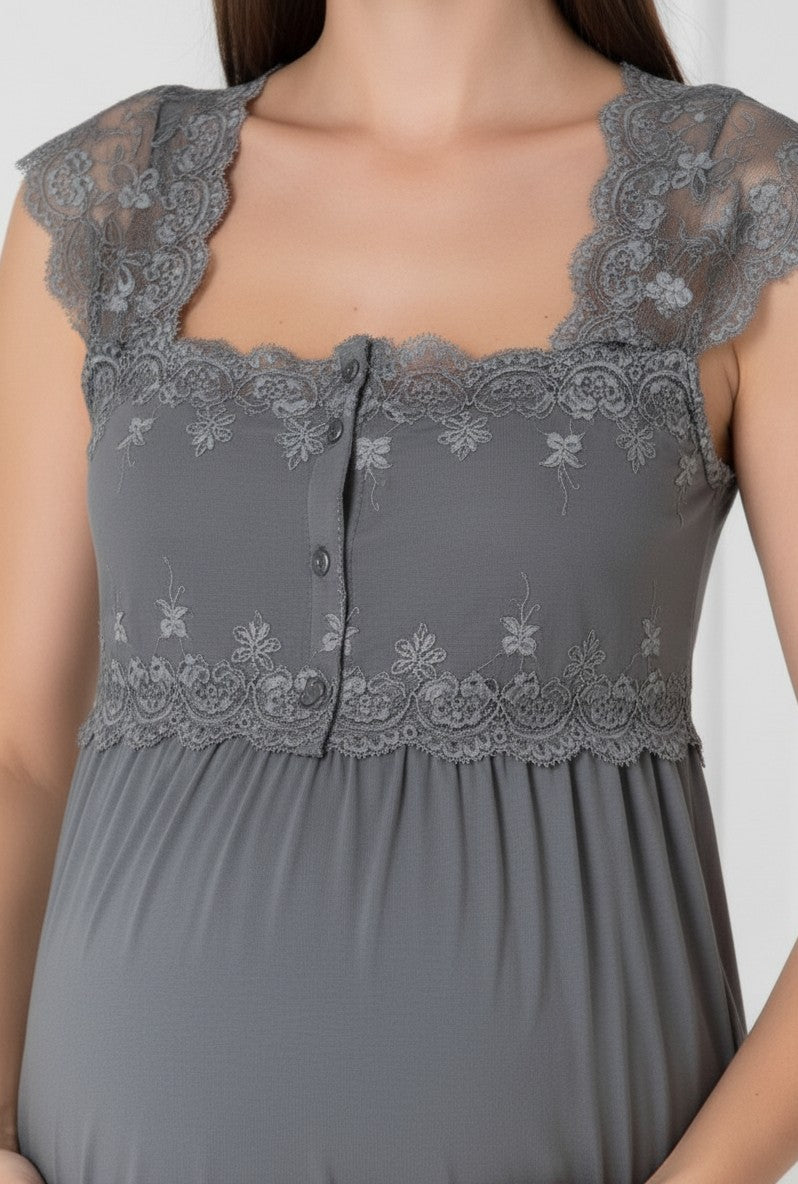 Anthracite maternity pyjamas by Mini Plum, long sleeve button lace – nursing & breastfeeding nightwear, postpartum, hospital bag ready